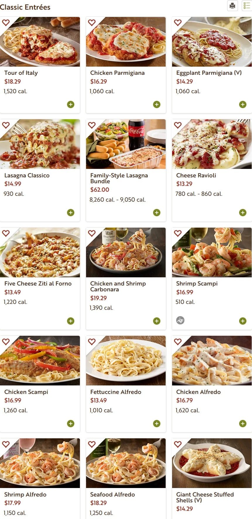 Olive Garden Printable Lunch Menu