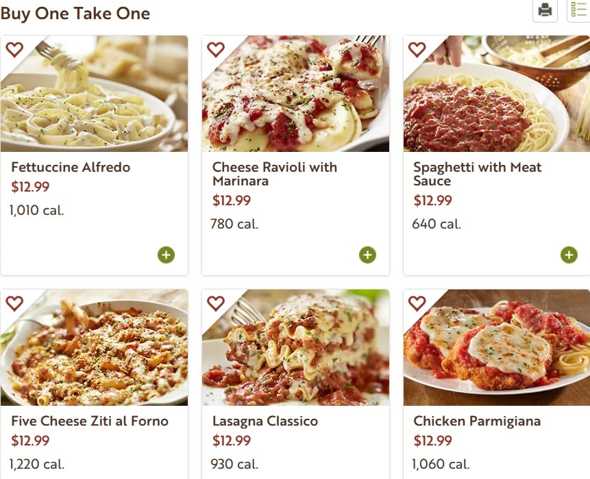 Printable Olive Garden Lunch Menu