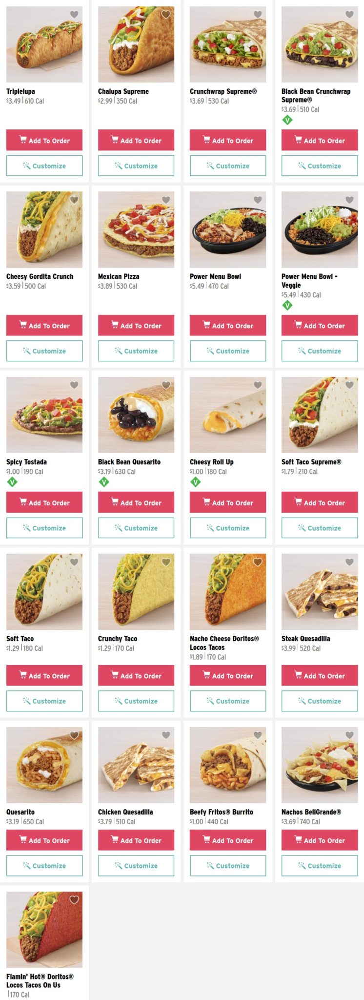 Taco Bell Printable Menu